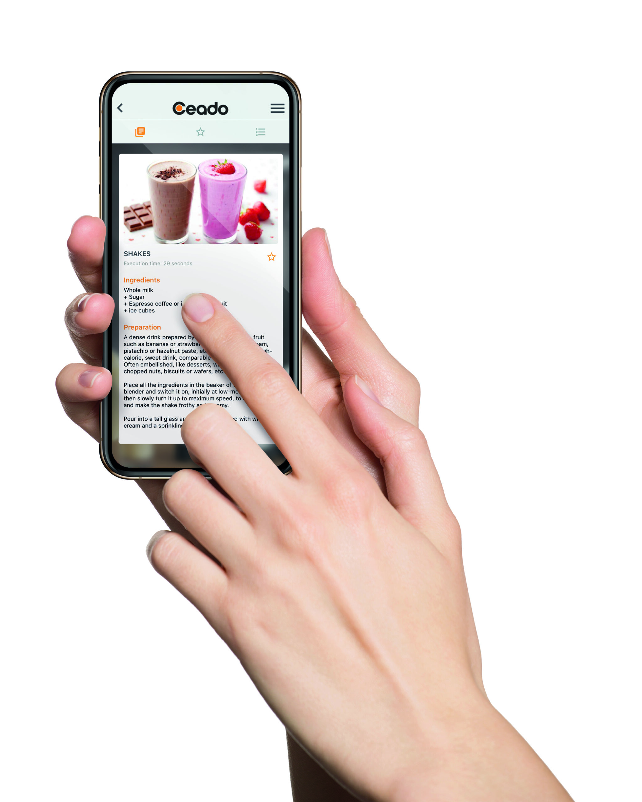 Woman holding smartphone in her hands. Finger touching black dis